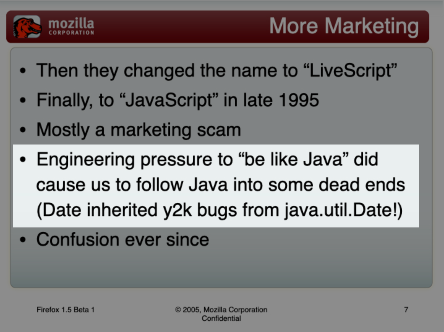 2000年問題の「バグ」をjava.util.Dateから引き継いだと指摘するMozillaによるスライド