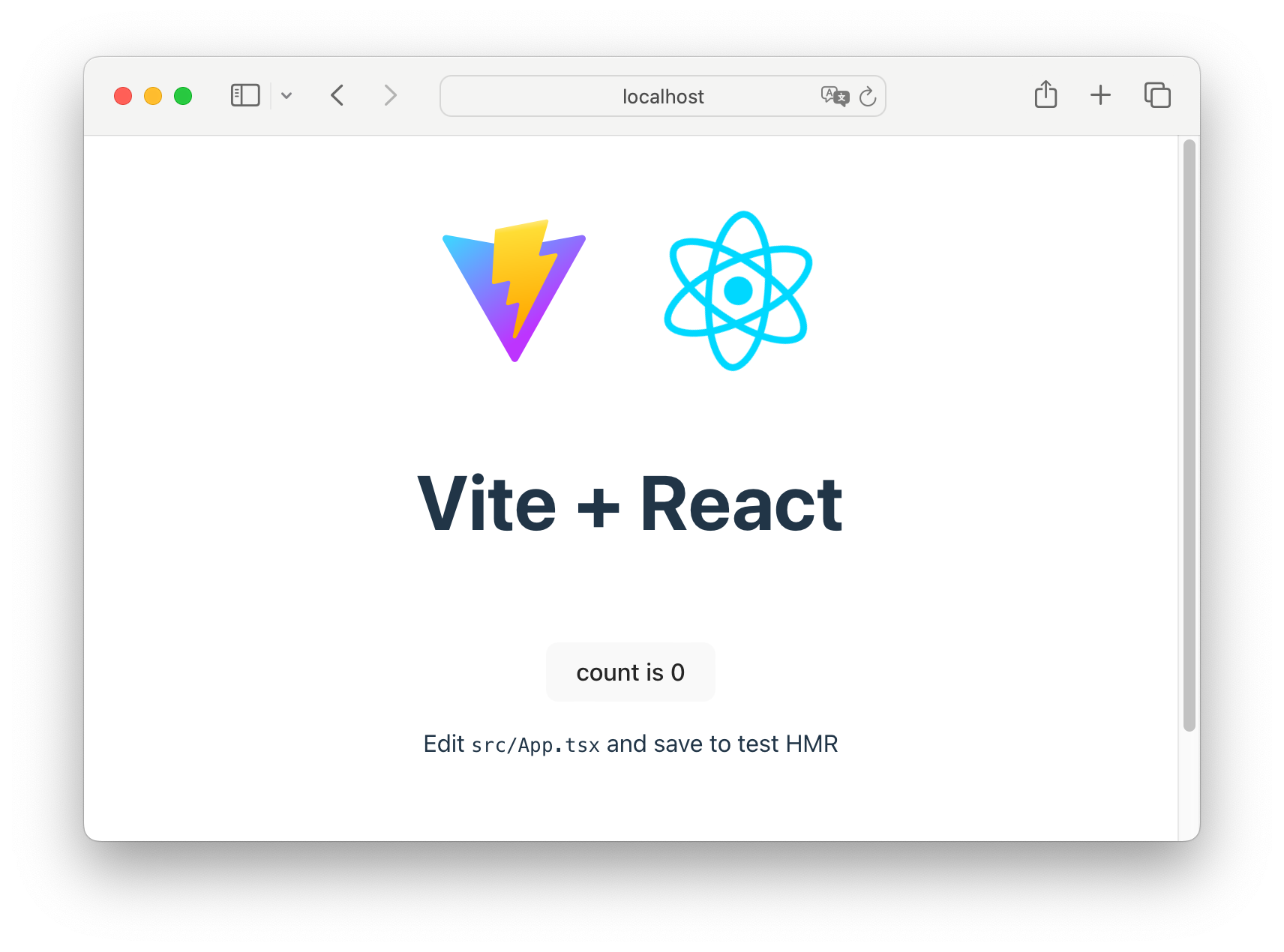 ViteとReactのロゴが表示された、カウントが0のVite + Reactスターターページ